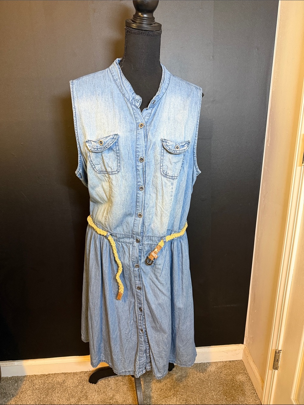 Light Blue Denim Sleeveless Button-Front Dress 1XL